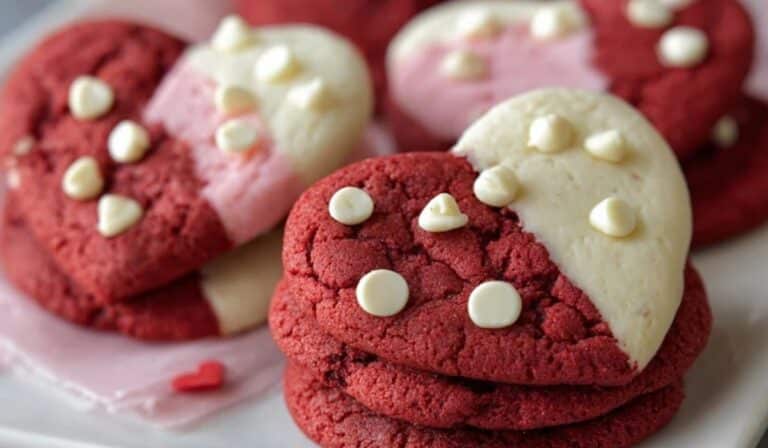 Valentines Day Red Velvet Cookies stacked and served