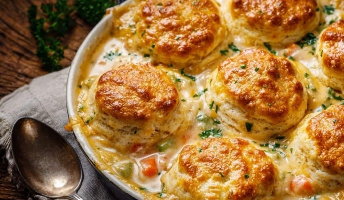 Red Lobster Biscuit Chicken Pot Pie Recipe baked in a white casserole dish with golden biscuits
