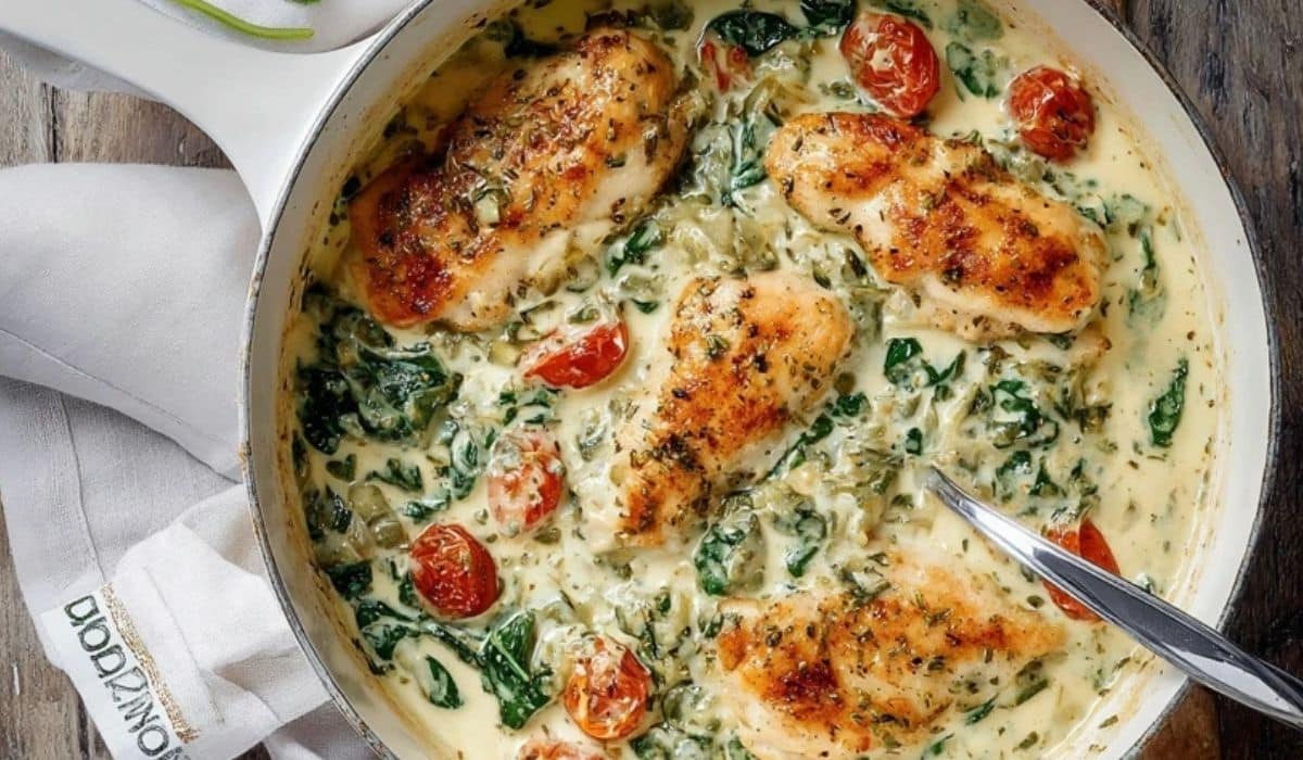 Mouthwatering Boursin Chicken skillet bake in creamy herb sauce.