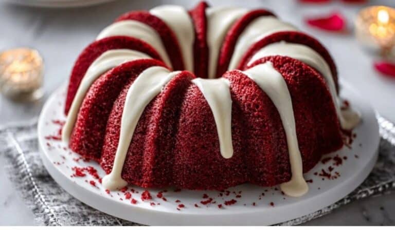 Red Velvet Bundt Cake with cream cheese glaze on a white cake stand
