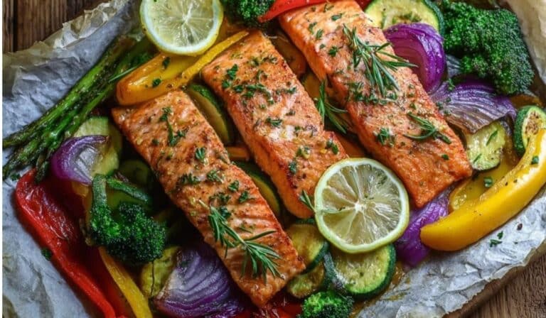 30-minute one-pan salmon and veg roasted on a sheet pan with broccoli and potatoes