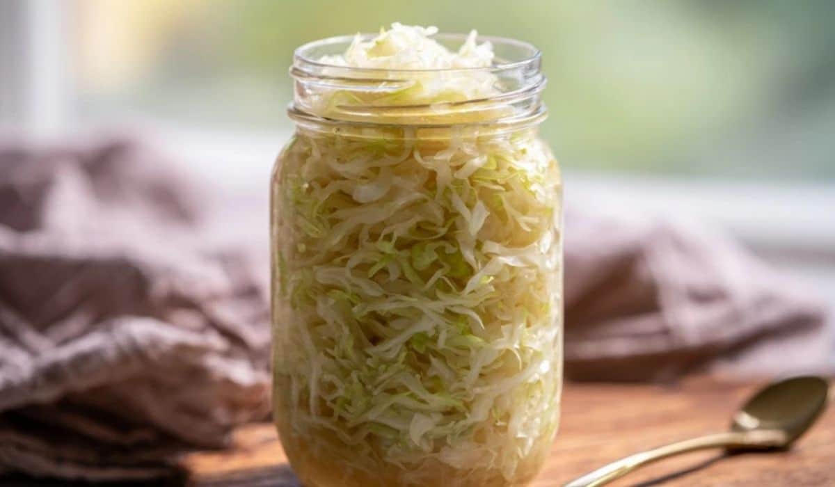 5-day homemade sauerkraut in a glass jar with crisp tangy cabbage