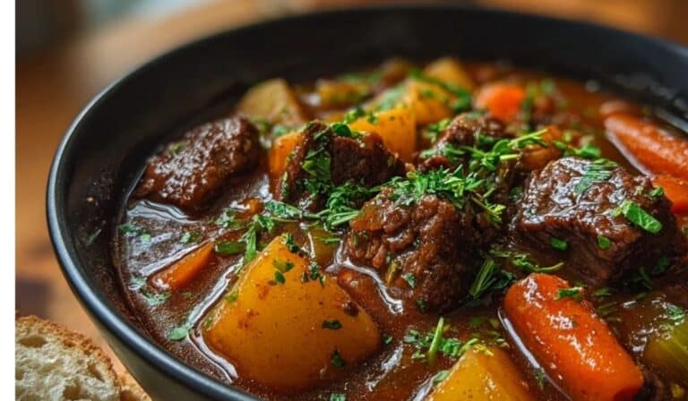 Guinness beef and vegetable stew in a Dutch oven with carrots and potatoes