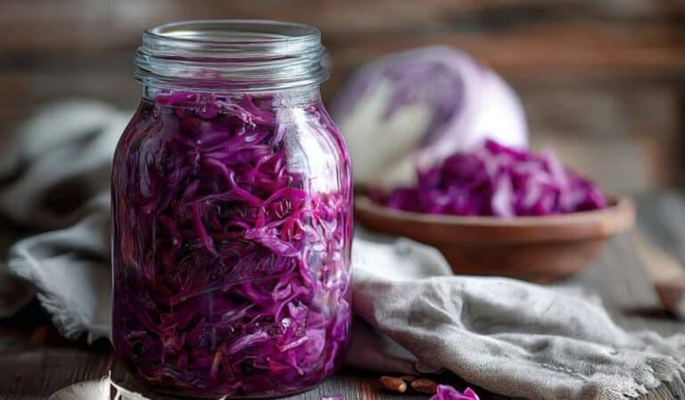 Red cabbage fermented pickle in a glass jar with bright purple crunch
