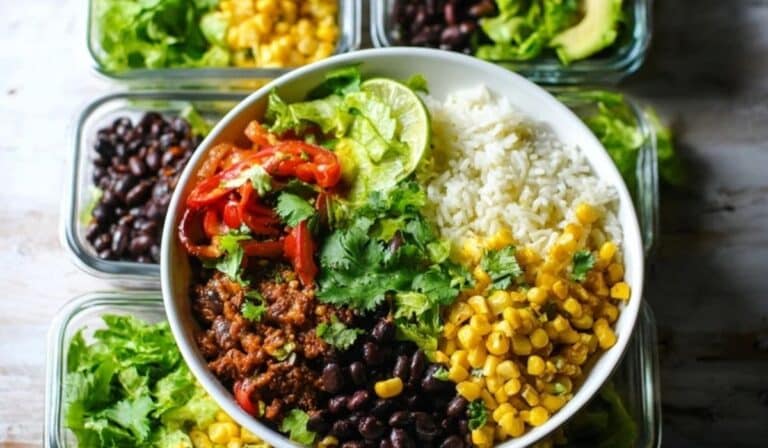 Black bean burrito bowl batch cook in meal prep containers with rice, beans, corn, avocado, and salsa