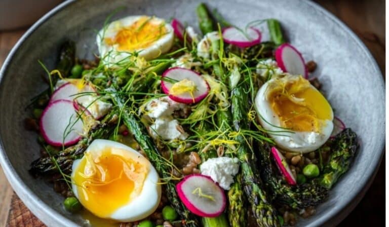 Asparagus and egg spring bowl with quinoa, peas, radishes, and jammy eggs