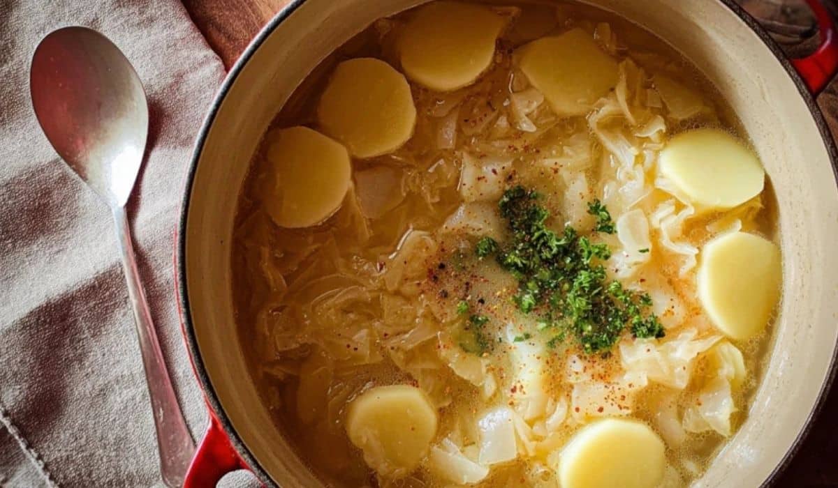 Hearty cabbage and potato soup in a bowl with bread on a rustic wooden tray