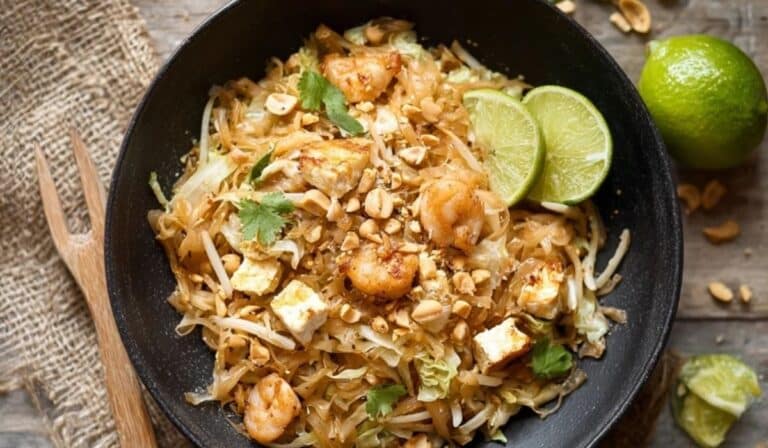 Cabbage pad thai noodle substitute in a wok with peanuts, lime, and cilantro