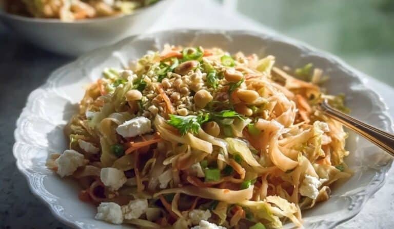 Cabbage pad thai noodle substitute in a bowl with peanuts and lime