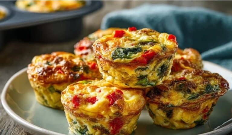 Cheesy egg muffins with veggies stacked on a plate for breakfast