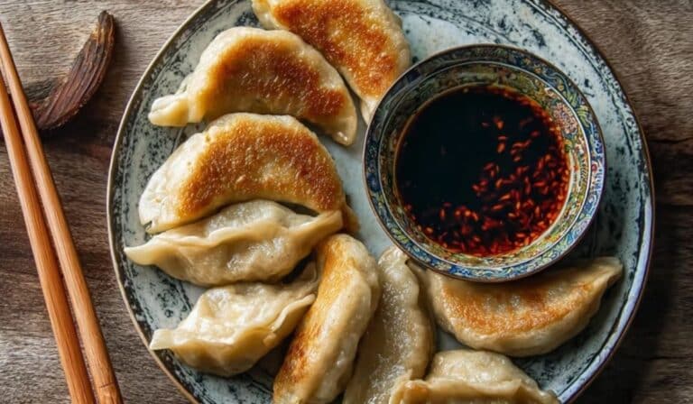 Chicken & ginger cabbage dumplings with crispy bottoms in a skillet