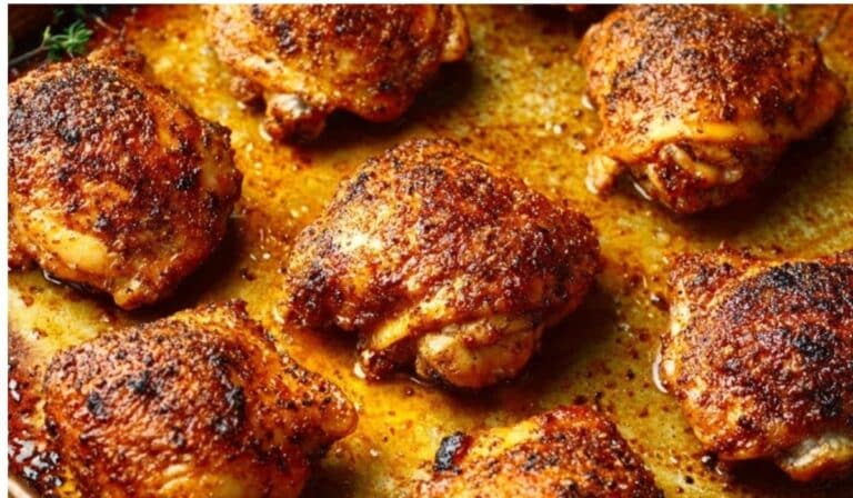 Crispy oven baked chicken thighs on a sheet pan with golden skin and herbs