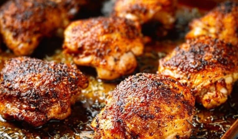 Crispy oven baked chicken thighs with golden skin on a sheet pan
