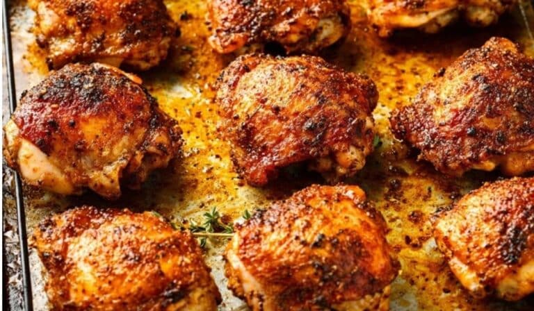 Crispy oven baked chicken thighs on a sheet pan with golden skin and lemon wedges