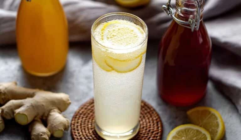 Homemade prebiotic ginger soda poured over ice with lemon slices