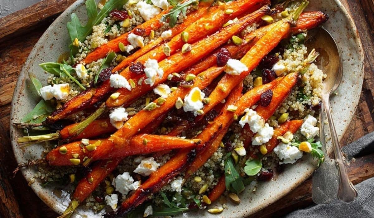Roasted carrot and goat cheese salad with nuts and greens in a ceramic bowl