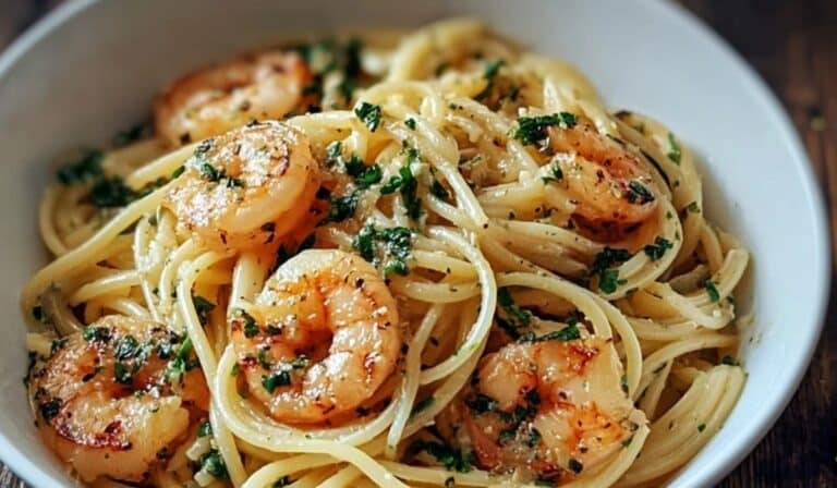 Garlic butter shrimp spring pasta with asparagus and peas in a white bowl