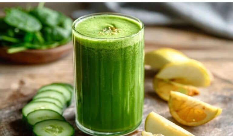 Green detox smoothie in a glass with spinach, apple, cucumber, and lemon