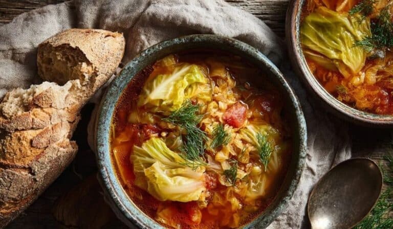 Vegetarian stuffed cabbage soup in a Dutch oven with lentils, rice, and cabbage in tomato broth.