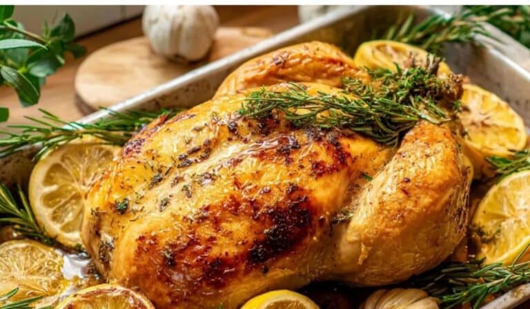 Herb roast chicken with golden crispy skin in a roasting pan