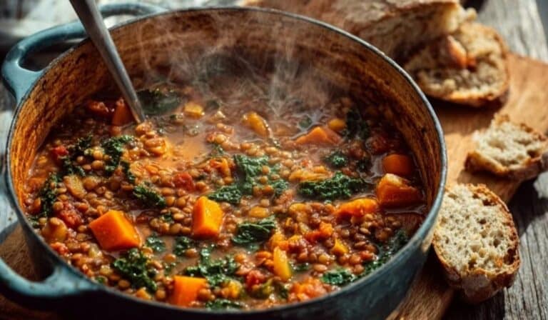 High-fiber lentil stew in a Dutch oven with kale and vegetables