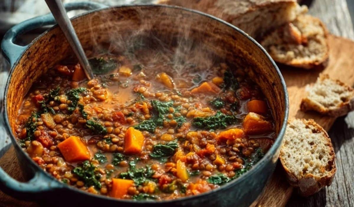High-fiber lentil stew in a Dutch oven with kale and vegetables