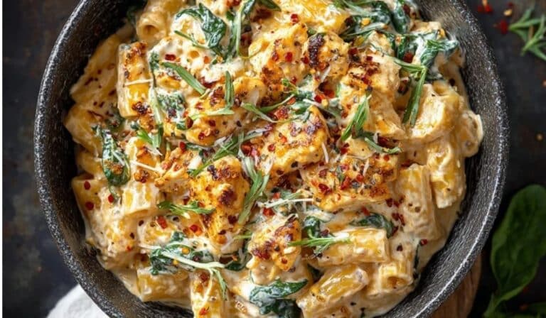 High-protein cottage cheese pasta in a white bowl with parmesan and basil