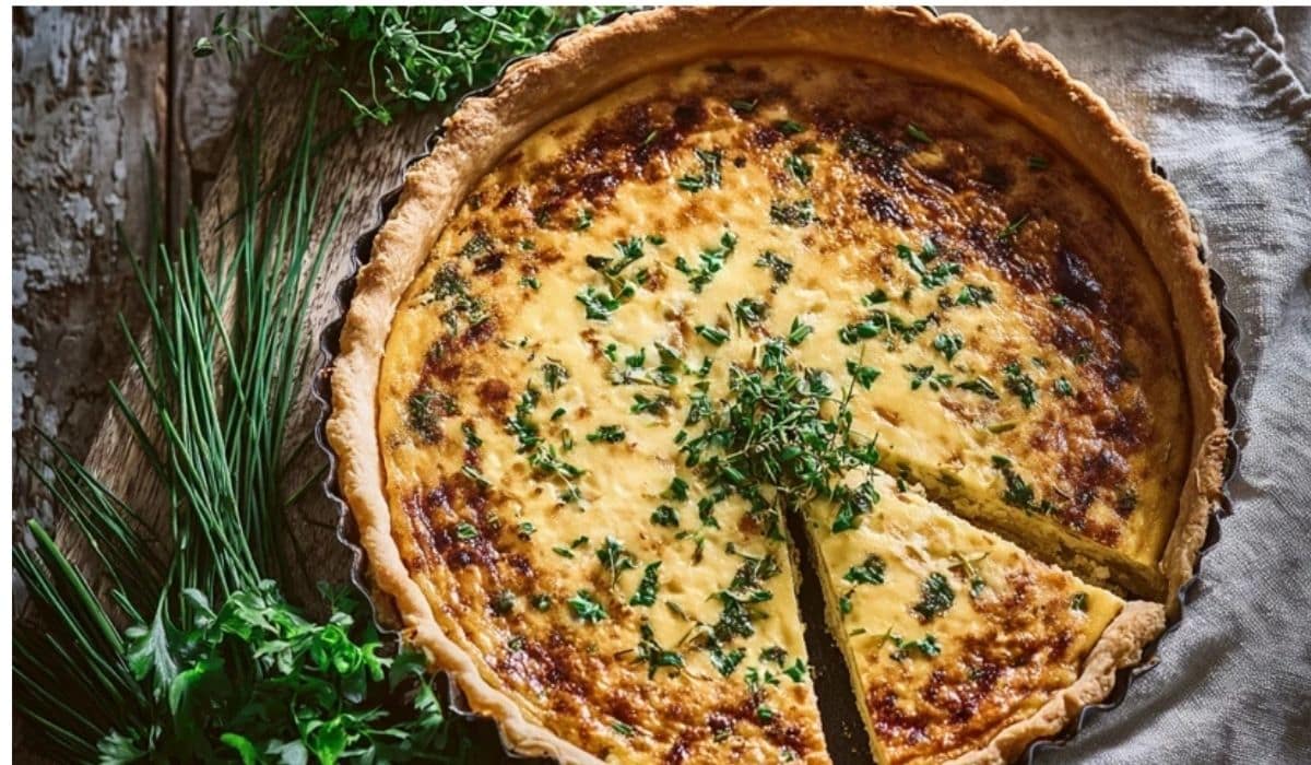 Quiche Lorraine with spring herbs baked in a golden crust and sliced for serving