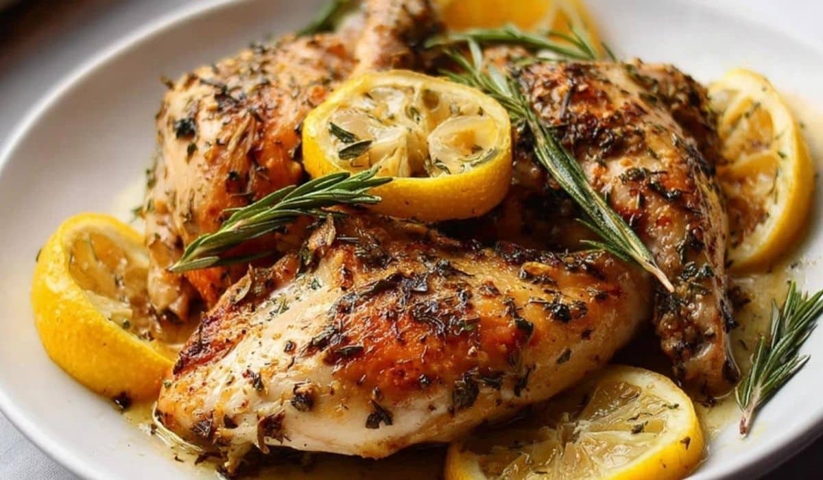Lemon herb spring chicken with potatoes and asparagus on a rustic sheet pan.