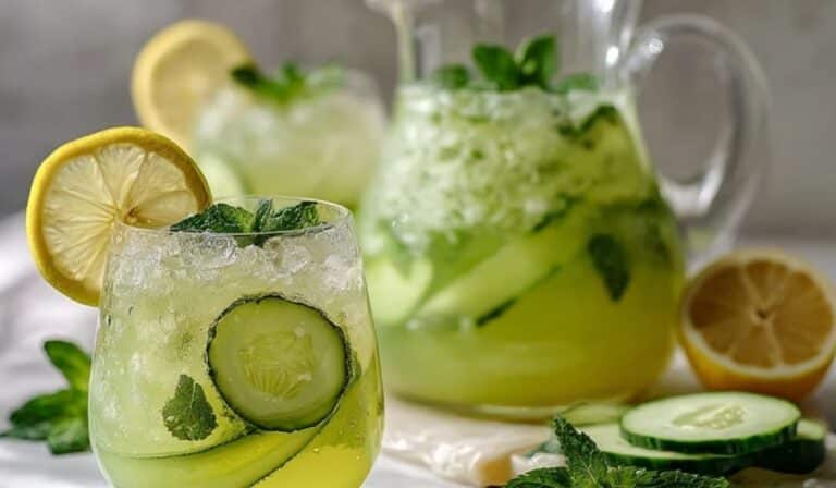 Cucumber mint lemonade in a glass pitcher with lemon and cucumber slices