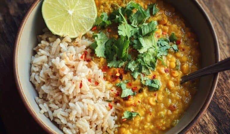 Lentil dal with brown rice in a cozy ceramic bowl with cilantro