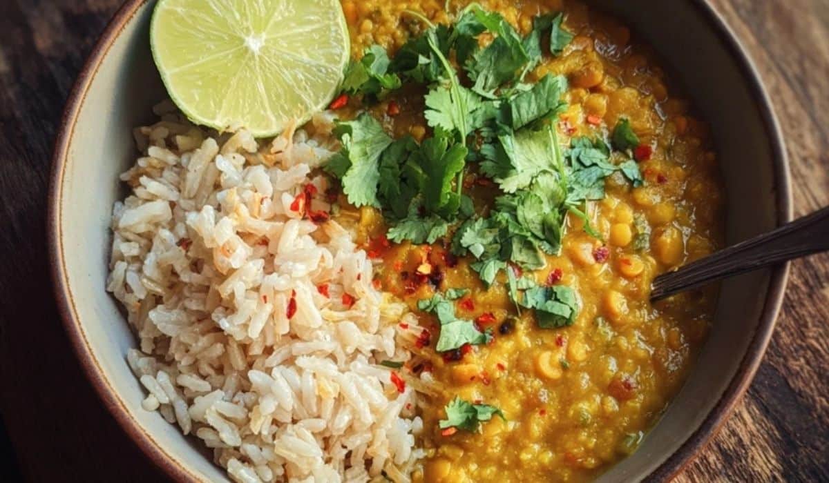 Lentil dal with brown rice in a cozy ceramic bowl with cilantro