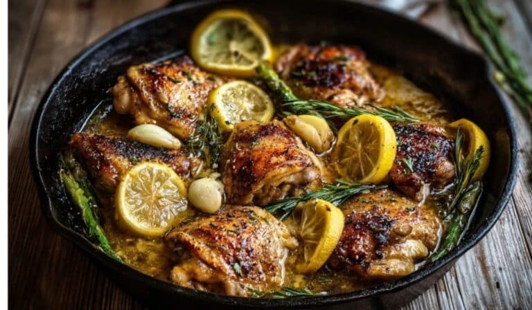 One-pan lemon garlic chicken in a skillet with lemon slices and parsley