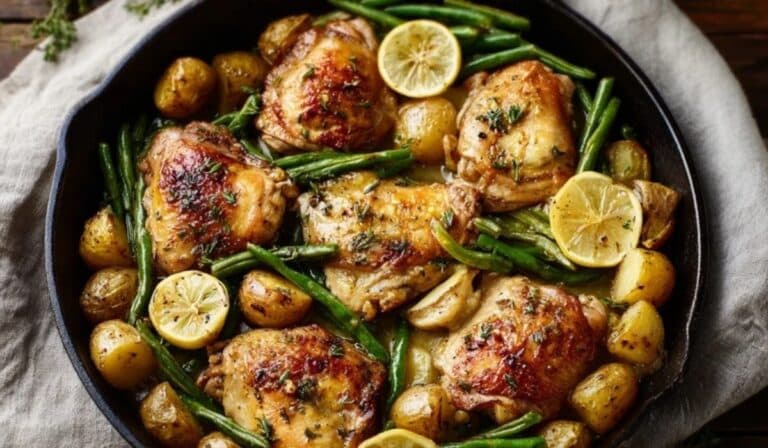 One-pan lemon garlic chicken in a skillet with creamy sauce and asparagus