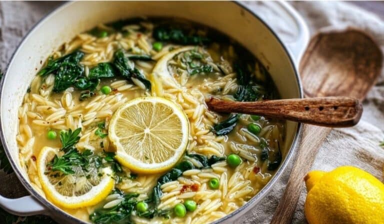 Featured hero image showing the finished dish with a glossy lemony broth, tender orzo, greens, and peas.