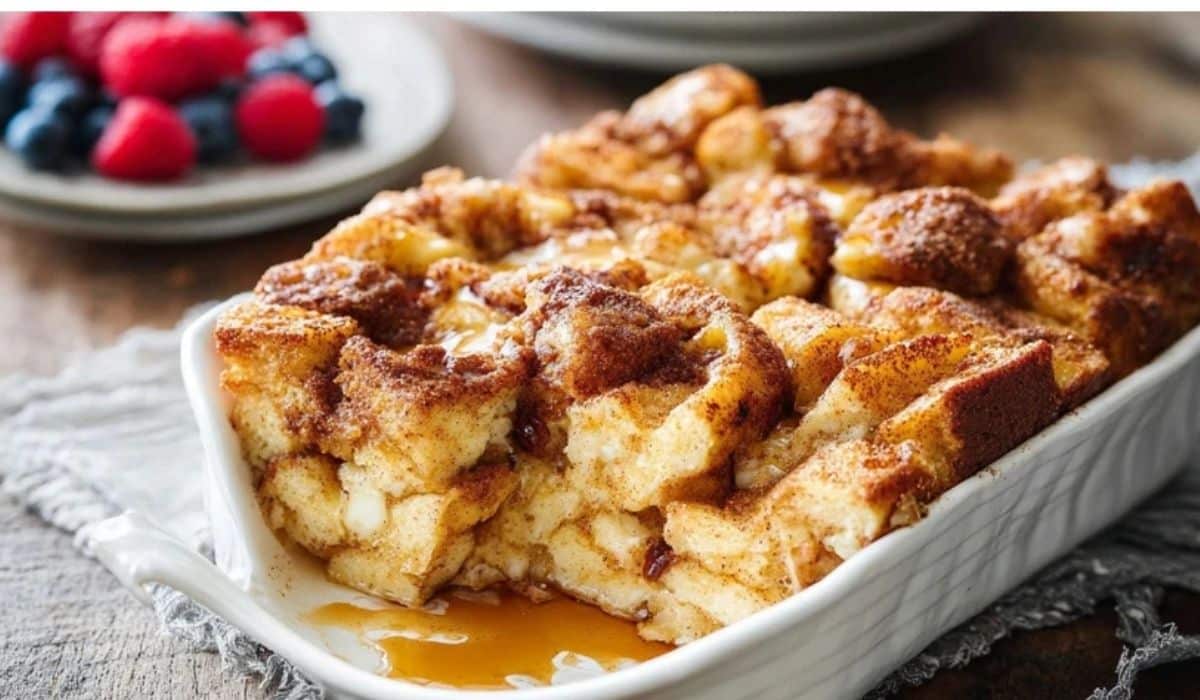Overnight French toast bake in a casserole dish with golden topping