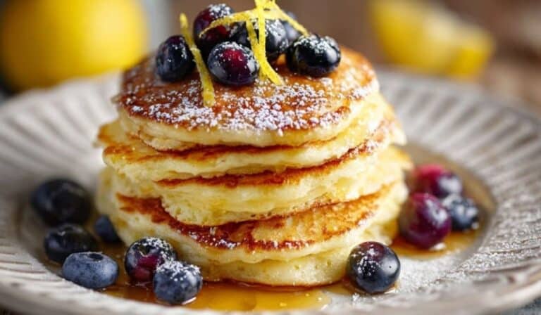 Lemon ricotta pancakes stacked with berries and syrup