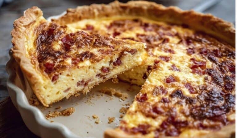 Quiche Lorraine baked until golden with bacon and Gruyère in a flaky crust