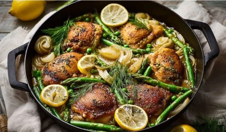 Lemon herb spring chicken roasted with asparagus and carrots on a sheet pan