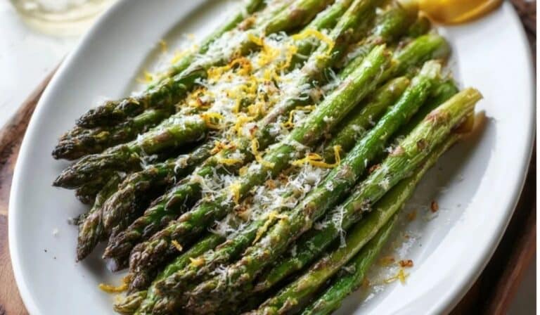 Roasted asparagus lemon parmesan on a platter with golden cheese and lemon