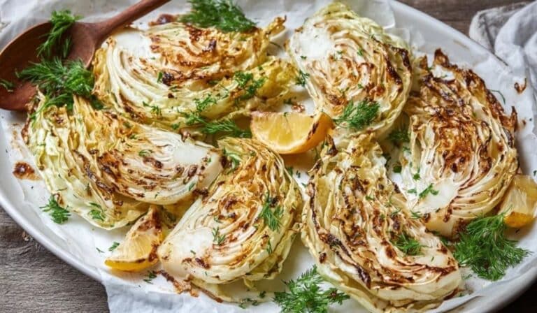 Roasted cabbage wedges with lemon on a baking sheet, crispy and golden.