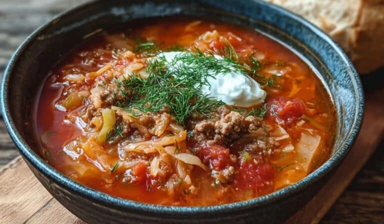 Slow cooker golumpki soup in a bowl with cabbage, beef, rice, and parsley