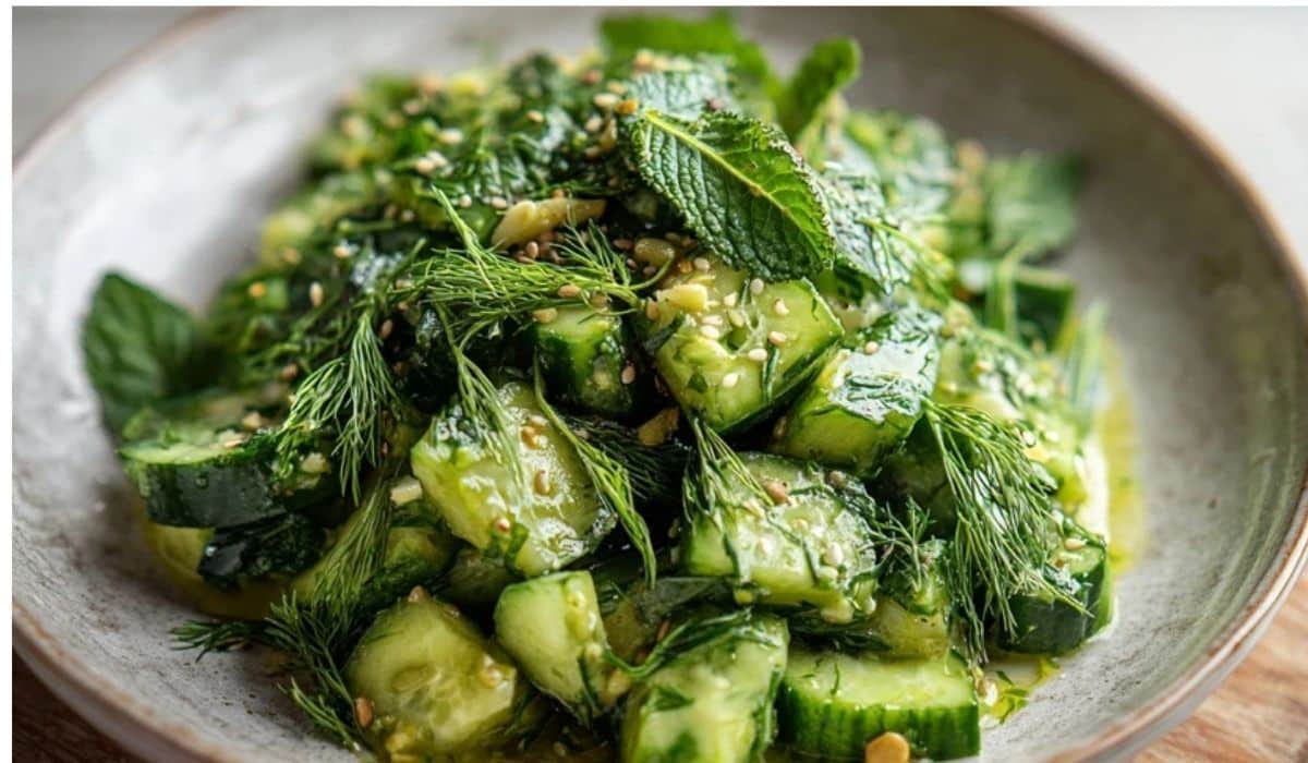 Smashed cucumber and herb salad with dill, parsley, and mint in a serving bowl