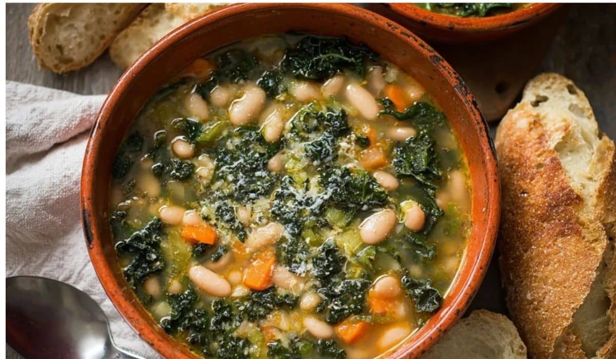 White bean and kale soup in a white bowl with bread on a wooden table