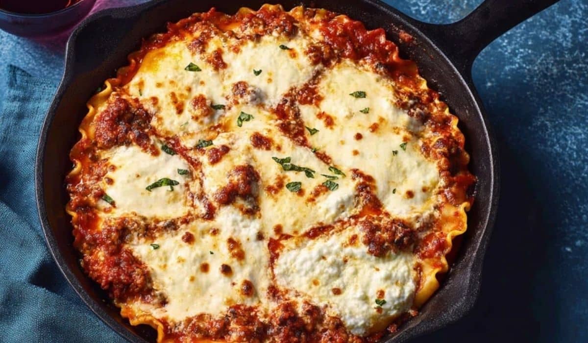 Skillet lasagna with ricotta in a cast iron skillet with golden melted cheese