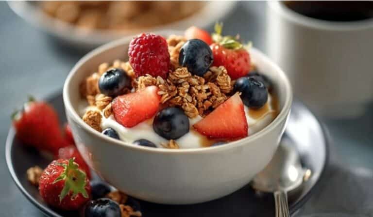 Greek yogurt parfait bowl with berries, granola, and honey