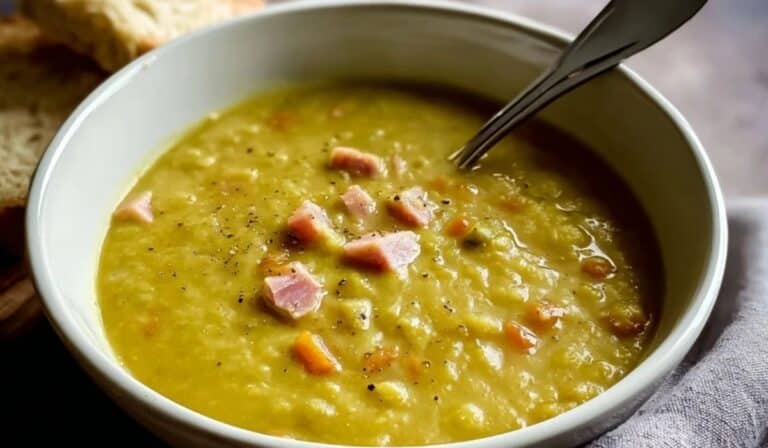 Ham and pea soup from leftovers served hot with bread