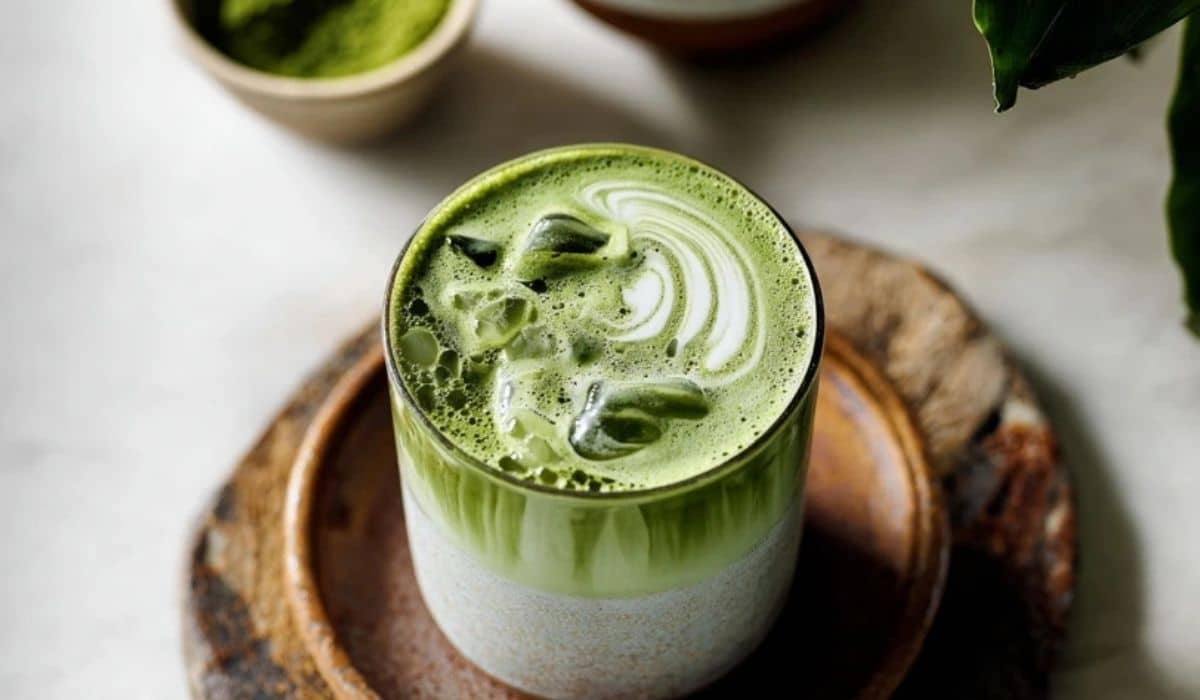 Homemade matcha oat milk latte in a mug with creamy foam