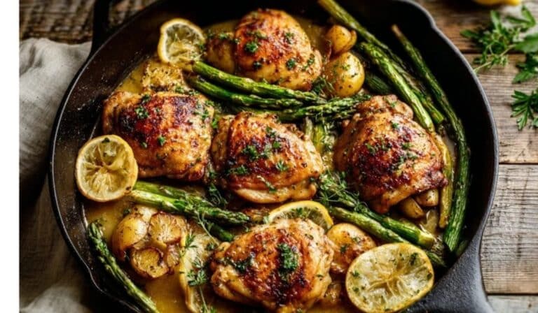 One-pan chicken and asparagus in a skillet with lemon and herbs
