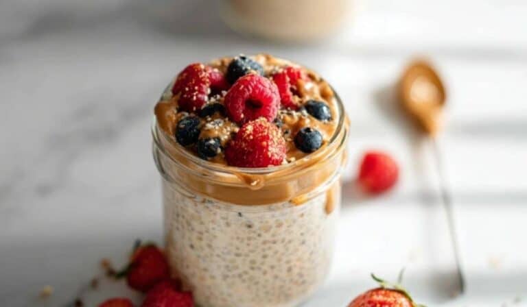 Protein overnight oats in a glass jar topped with berries and banana